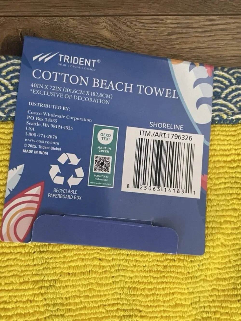 Trident Oversized Beach Towel, 100% Cotton, 40IN X 72IN, NEW